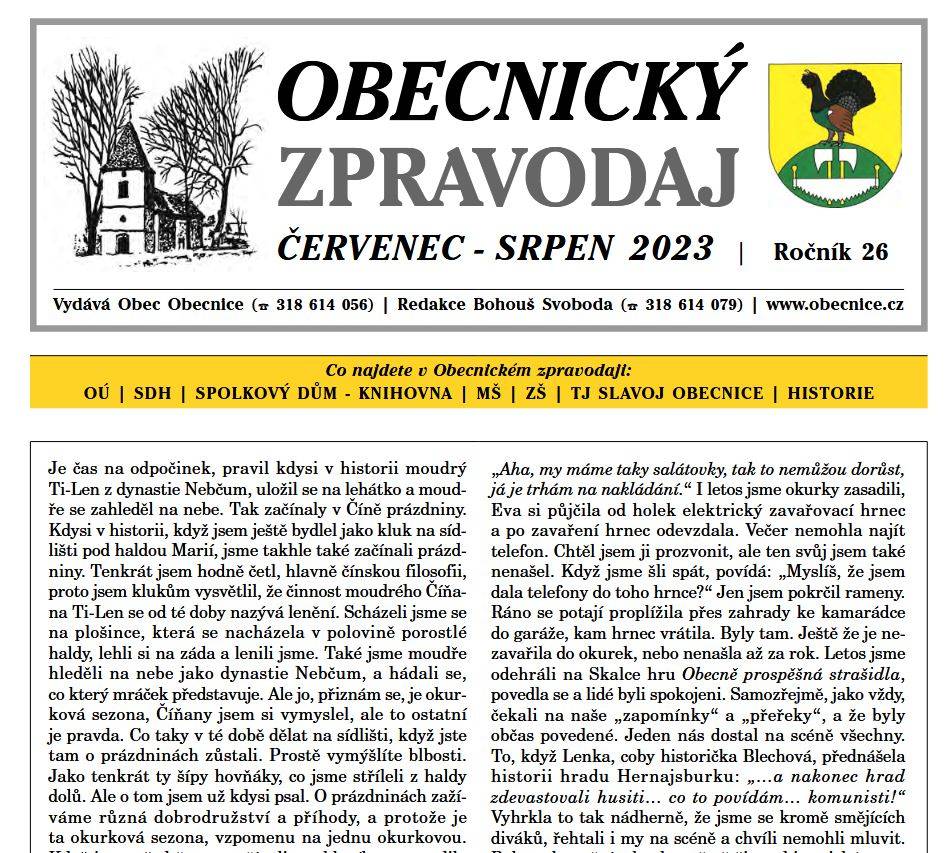 Obecnický zpravodaj – Červenec – srpen 2023
