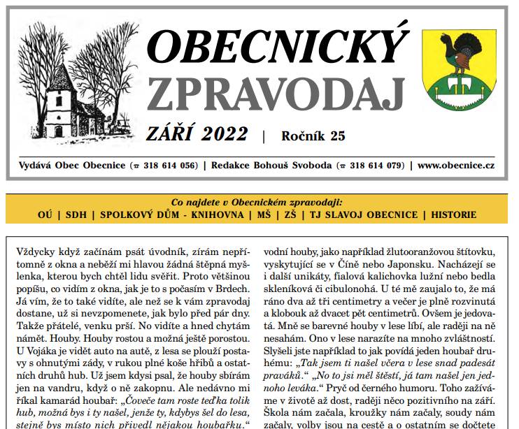 Obecnický zpravodaj – září 2022