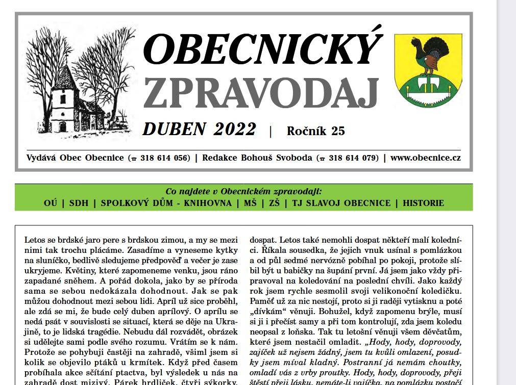 Obecnický zpravodaj – Duben 2022