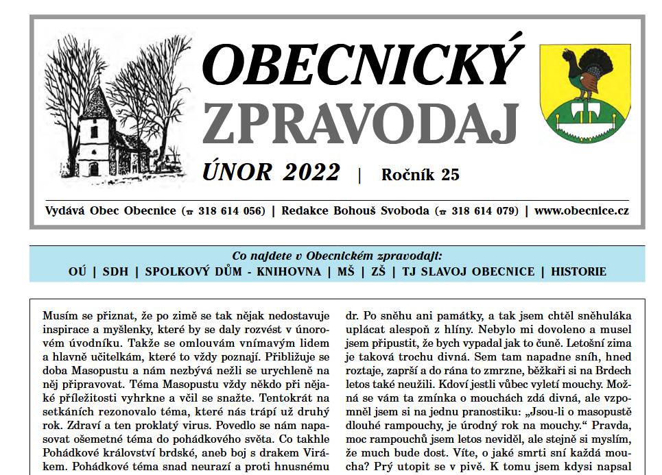 Obecnický zpravodaj – Únor 2021