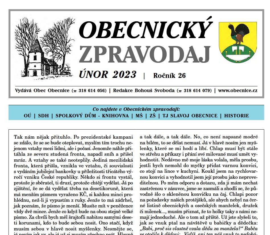 Obecnický zpravodaj – Únor 2023