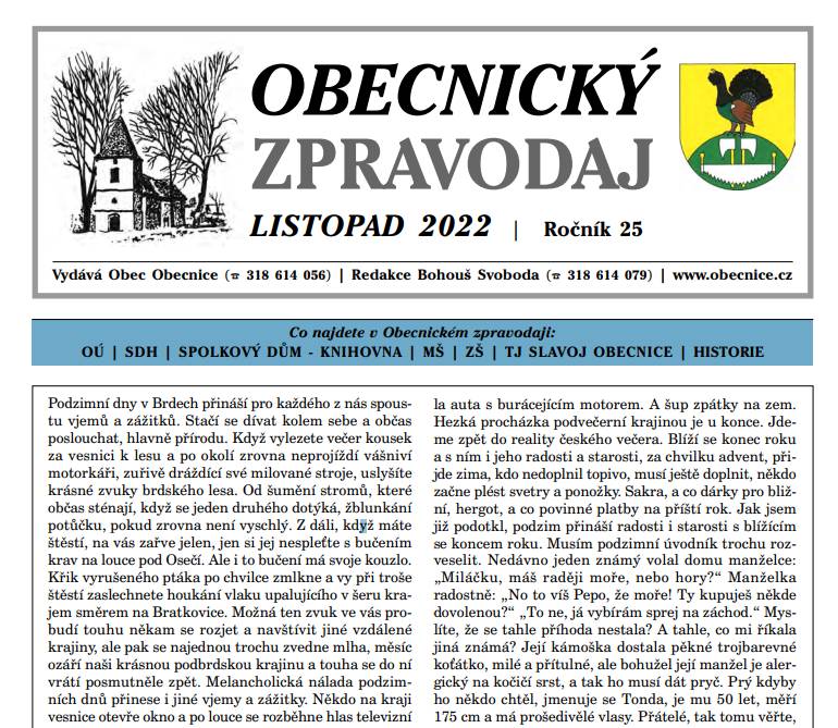 Obecnický zpravodaj – Listopad 2022