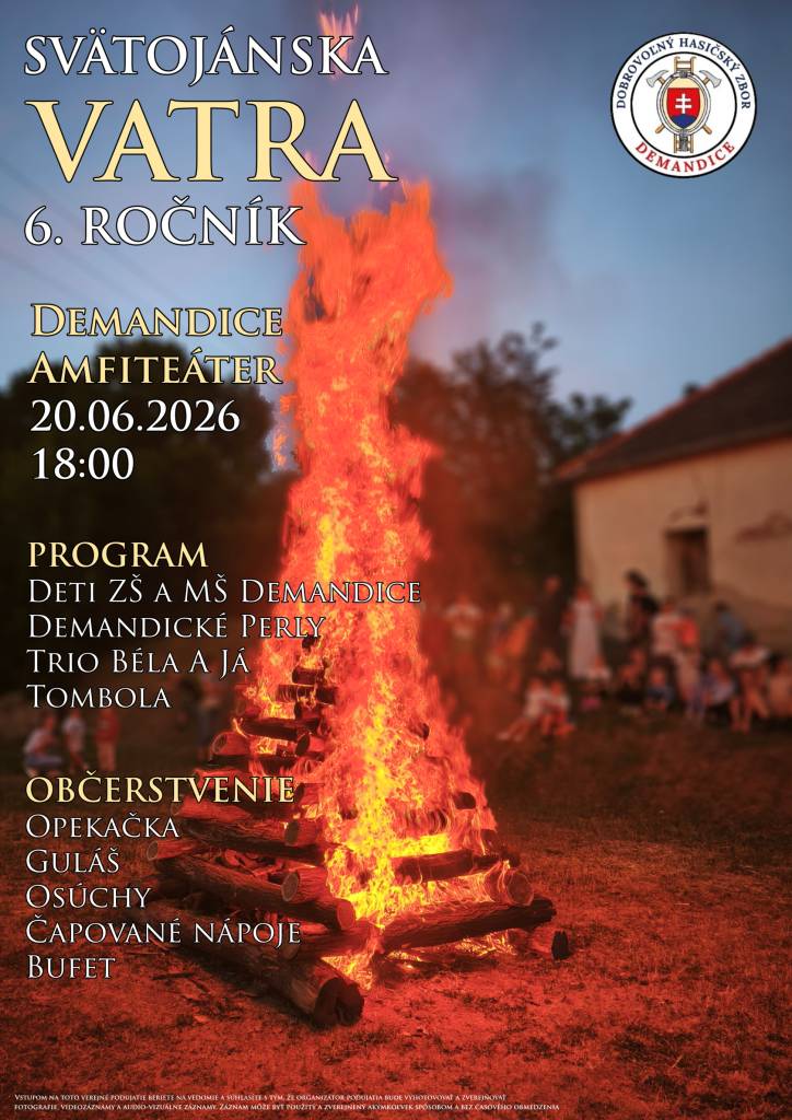 Dobrovoľný hasičský zbor Demandice vás pozýva na tradičné zapálenie svätojánskej vatry. Detaily programu nájdete na priloženom plagáte.  Kedy: 20.06.2026 o 18:00   Kde: Amfiteáter Demandice.  Príďte si užiť skvelý večer a privítať leto s celou rodinou. Tešíme sa na vás!
