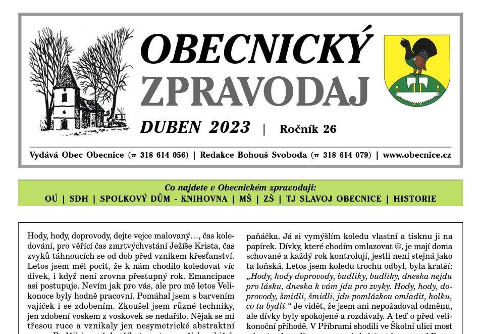 Obecnický zpravodaj – Duben 2023
