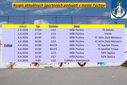 Šport   Dátum   Čas   Kategória   Zápas       Futbal   02.06.2026   17:00 hod.   U12   MŠK Púchov vs. FK Beluša       03.06.2026   17:15 hod.   ...