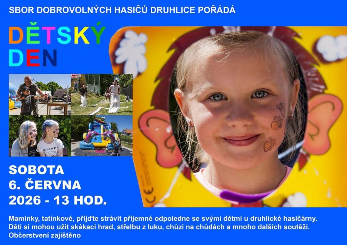 Jménem SDH Druhlice si Vás dovolujeme pozvat tuto sobotu 6. června na oslavu Dne dětí v Druhlicích u hasičárny.