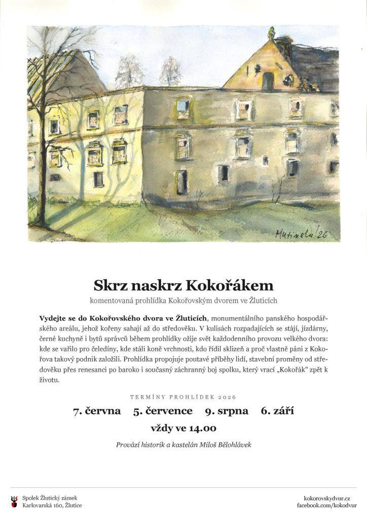 Další ze série komentovaných prohlídek obnovovaného Kokořovského dvora s výkladem historika a kastelána Miloše Bělohlávka se koná už 7. června 2026 od 14 hodin.