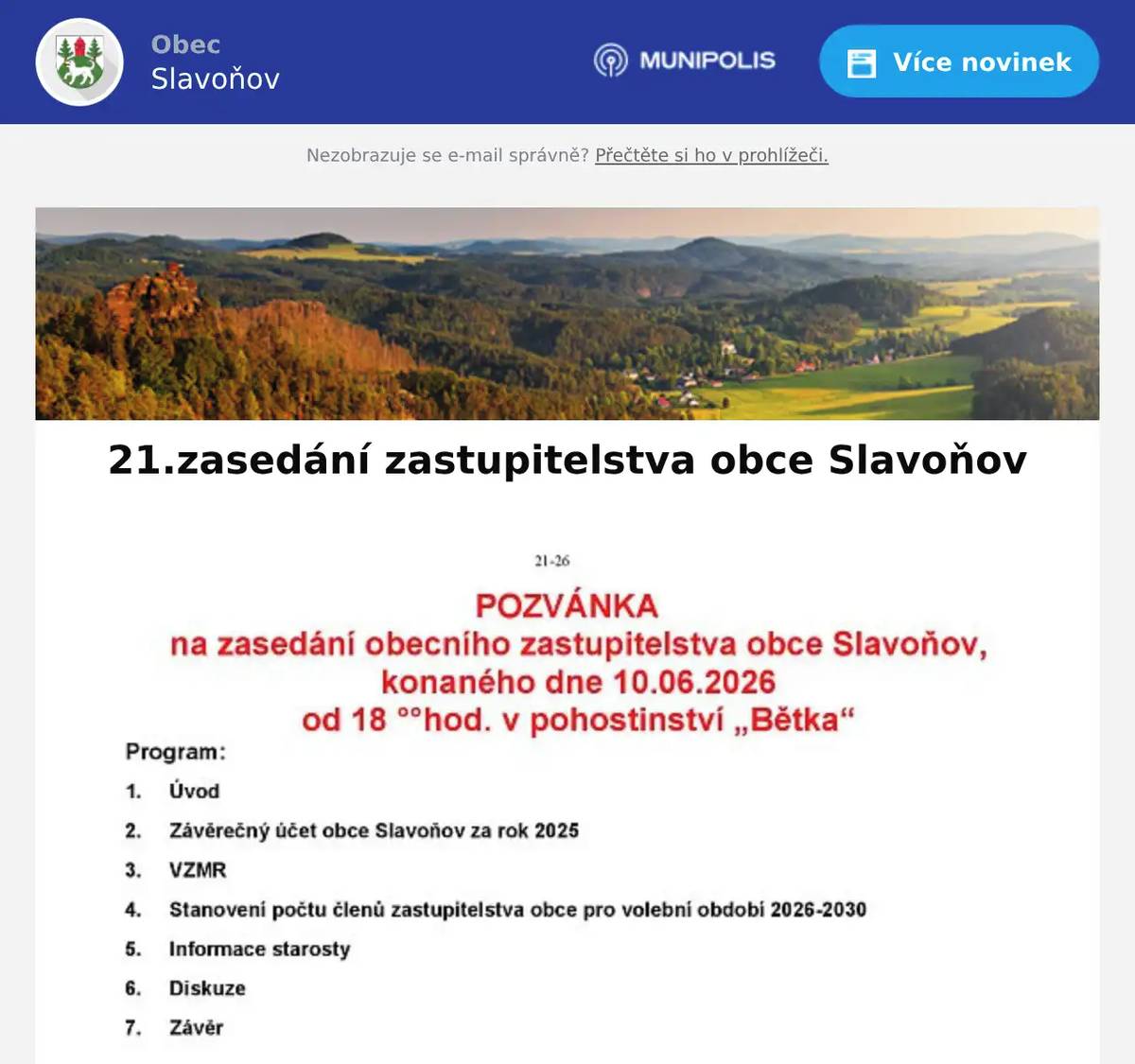POZVÁNKA na zasedání obecního zastupitelstva obce Slavoňov, konaného dne 10.06.2026 od 18 °°hod. v pohostinství „Bětka“