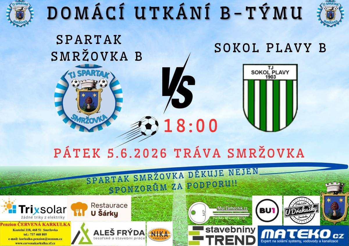 Fotbalové fanoušky zveme v pátek 5. 6. od 18.00 hodin na utkání TJ Spartak Smržovka B a Sokol Plavy B a v neděli 7. 6. od 17.00 hodin na utkání TJ Spartak Smržovka a SK Hodkovice n. M. na hřišti ve Sportovní ulici.