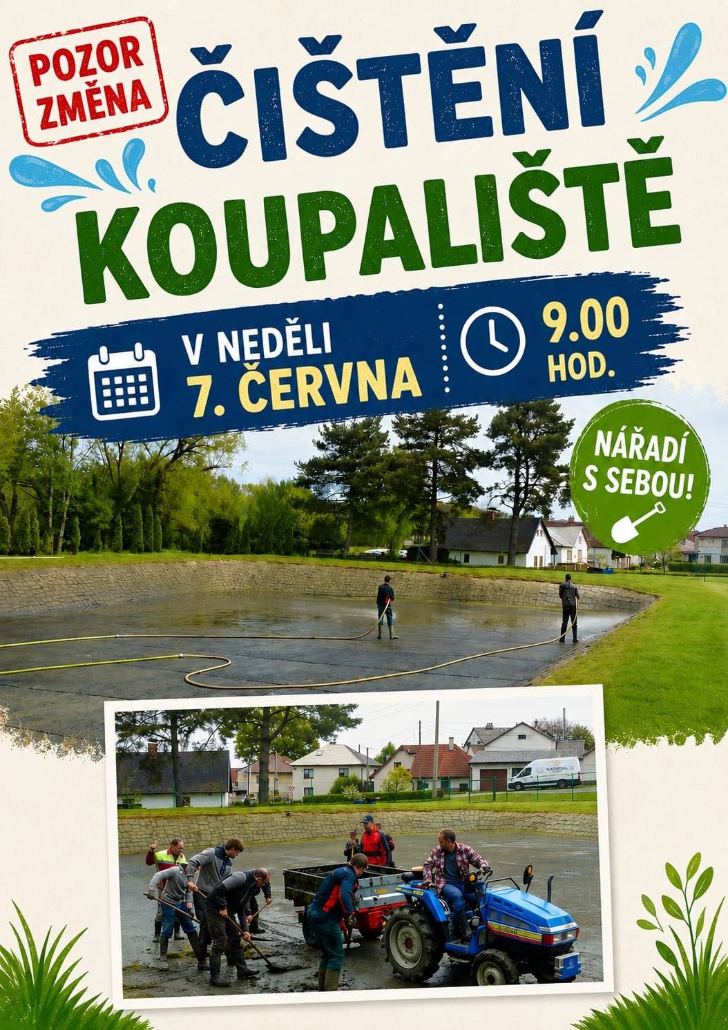 Čištění požární nádrže se uskuteční v neděli 7. 6. 2026 od 9:00 hod. Zúčastnit se může kdokoliv, kdo má dobrou vůli, chuť a náčiní. ⛏ Nebo se jen můžete přijít podívat. 😉