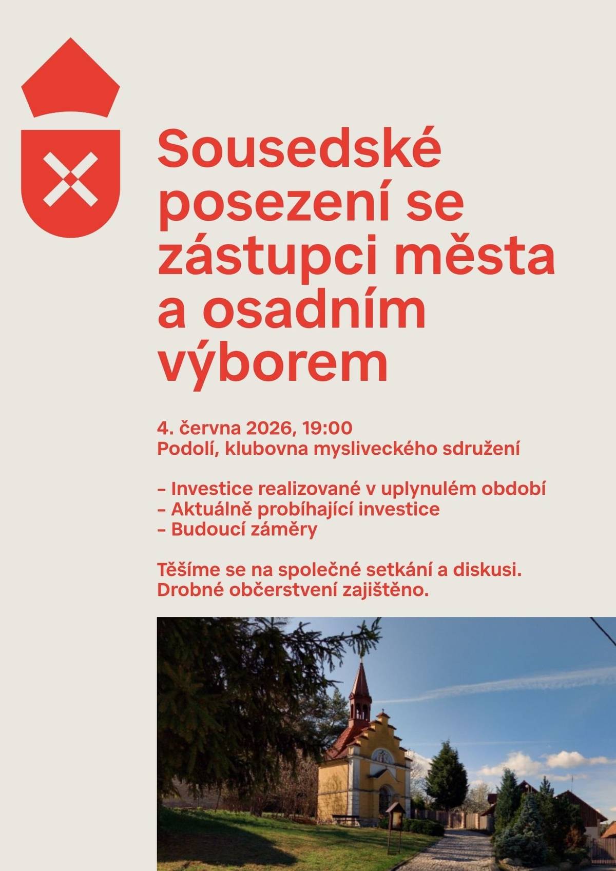 Po roce se vrací série sousedských setkání v místních částech. V Podolí se letos uskuteční ve čtvrtek 4. června 2026 od 19:00 hodin. Přijďte posedět se zástupci vedení města a městského úřadu. Atmosféra bude neformální, prostor pro dotazy a připomínky takřka neomezený a k dispozici bude i drobné občerstvení.  Podíváme se na nedávno realizované investice a opravy, projdeme aktuální seznam úkolů, které město v místní části eviduje, posbíráme nové podněty. Těšíme se na vaše připomínky a dotazy a doufáme, že se sejdeme tváří v tvář v hojném počtu.