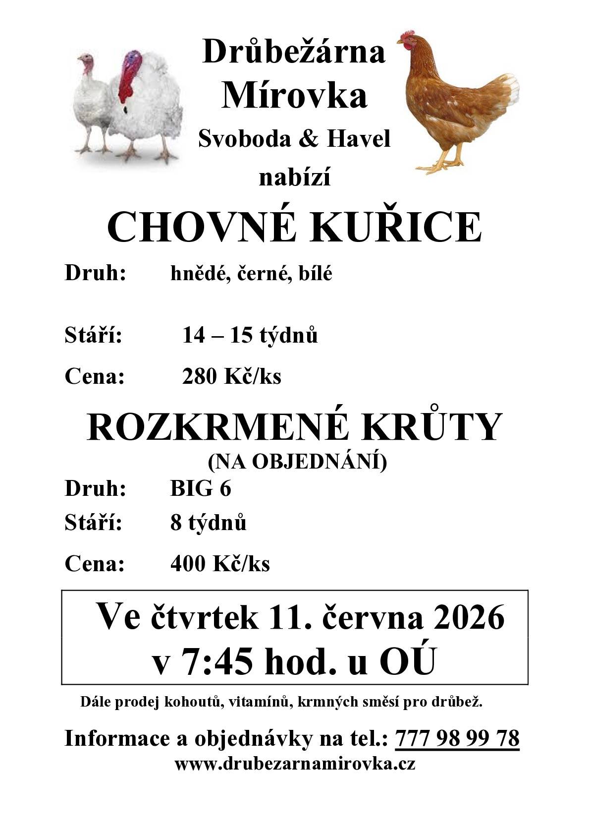 DRŮBEŽÁRNA MÍROVKA, Svoboda-Havel, prodává ve čtvrtek 11. června 2026 v 7:45 hod. u OÚ kuřice hnědé stáří 14 - 15 týdnů cena 280 Kč/ks. a krůty 8 týdnů, cena 400 Kč/ks. Objednání (doporučujeme) je možné na tel.: 777 98 99 78 nebo drubezarna.mirovka@seznam.cz.