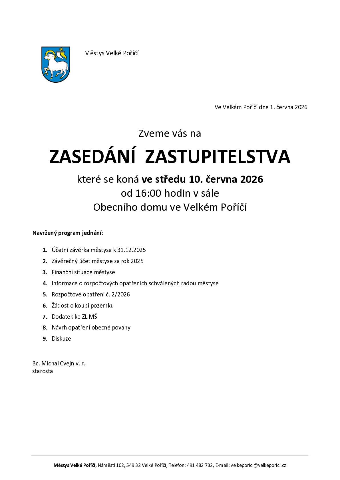 Zveme veřejnost na zasedání zastupitelstva, které se koná ve středu 10. června 2026 od 16:00 hodin v sále Obecního domu.