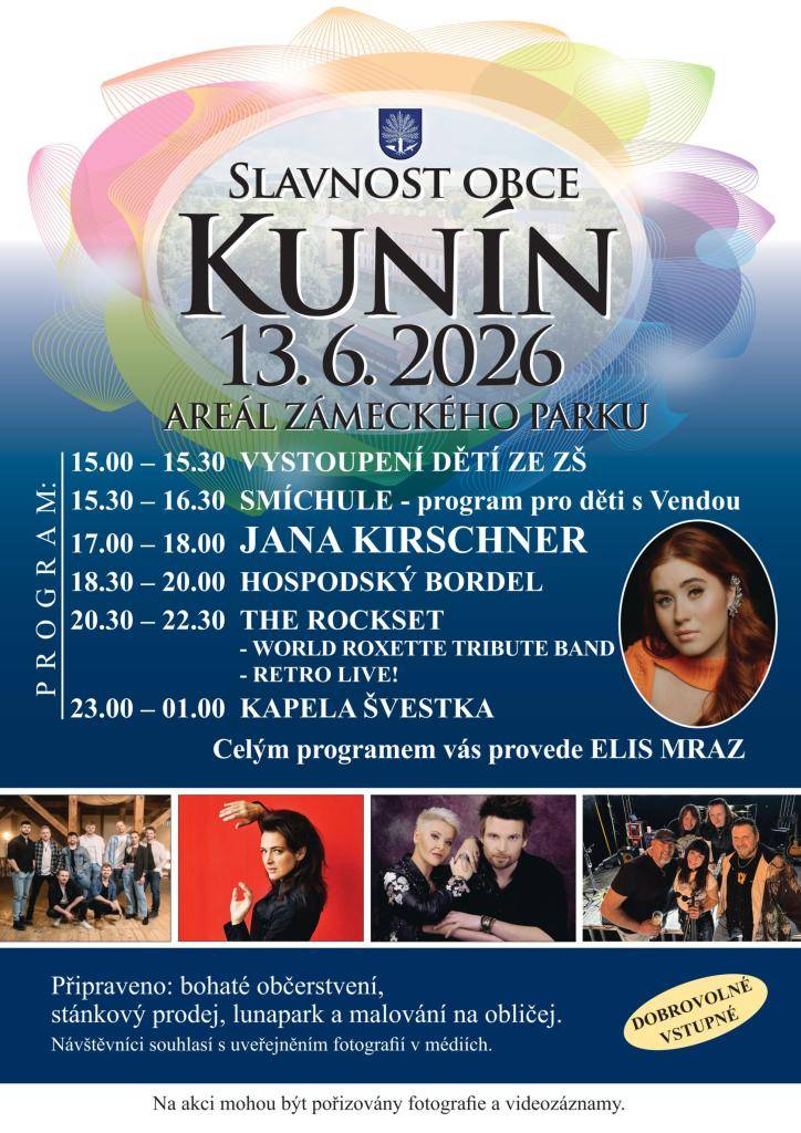 Připraven je bohatý program pro malé i velké – od dětských vystoupení přes živou hudbu až po večerní koncerty!  Vstupné dobrovolné. Bližší informace k programu naleznete na webu Obce Kunín. Těšíme se na Vás.