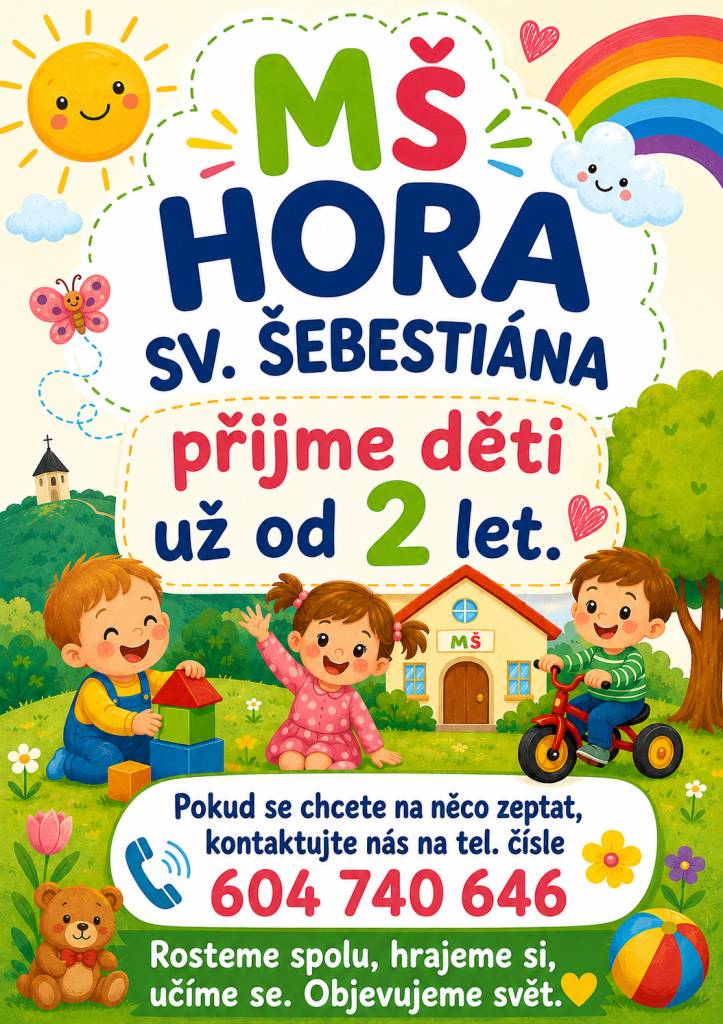 Mateřská škola sv. Šebestiána přijímá nové děti!   Hledáte pro své dítě bezpečné, přátelské a podnětné prostředí? Naše Mateřská škola sv. Šebestiána přijímá děti již od 2 let věku.