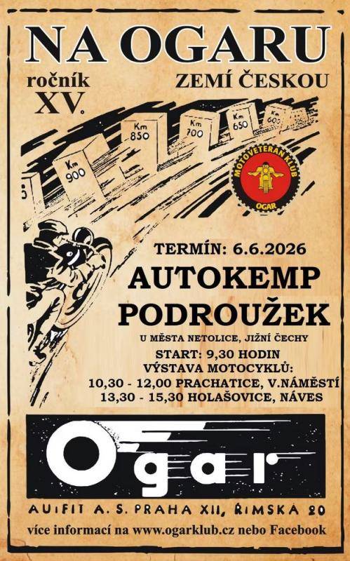 Výstava motocyklů značky Ogar v Autocampu Podroužek v sobotu 6. června 2026.