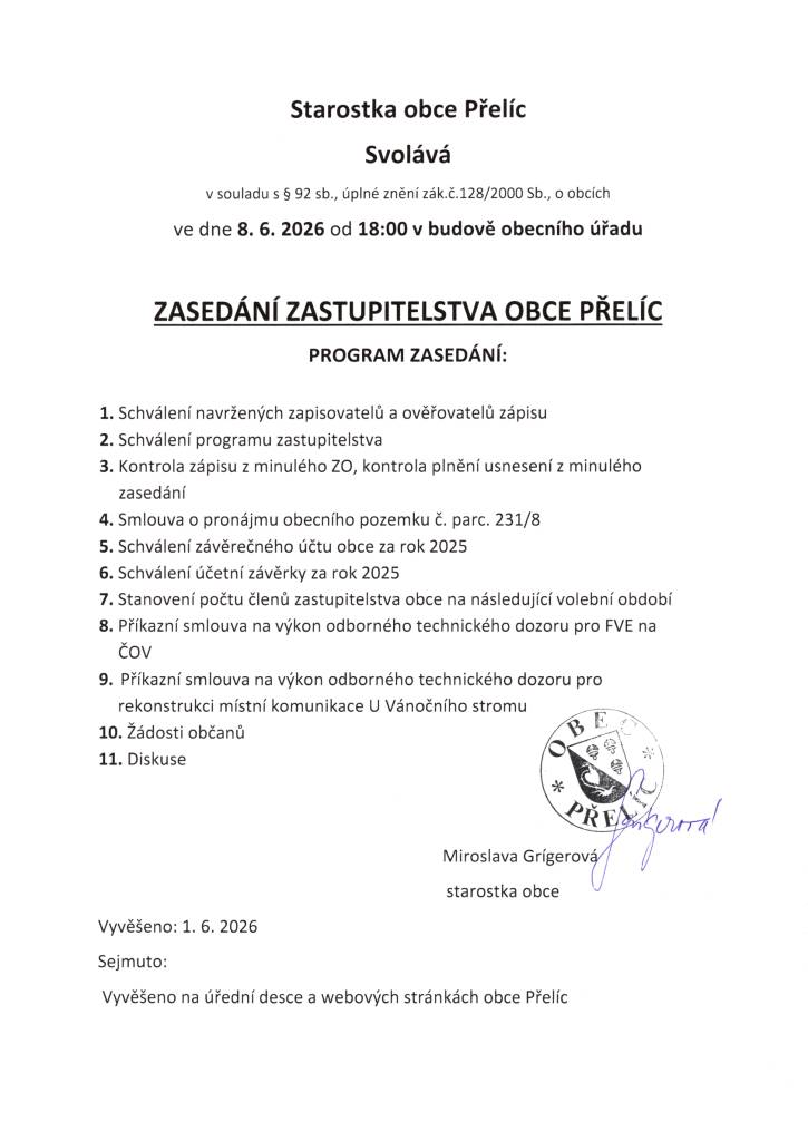 Pozvánka na zasedání zastupitelstva obce