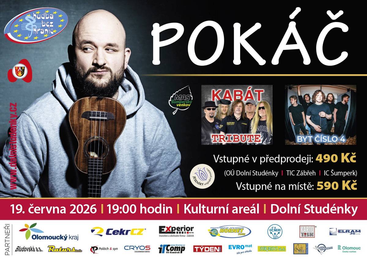 Hlavní festivalový plakát na pátek 19.6.2026.  Vstupenky jsou v předprodeji na OÚ Dolní Studénky, IC Šumperk a TIC Zábřeh.