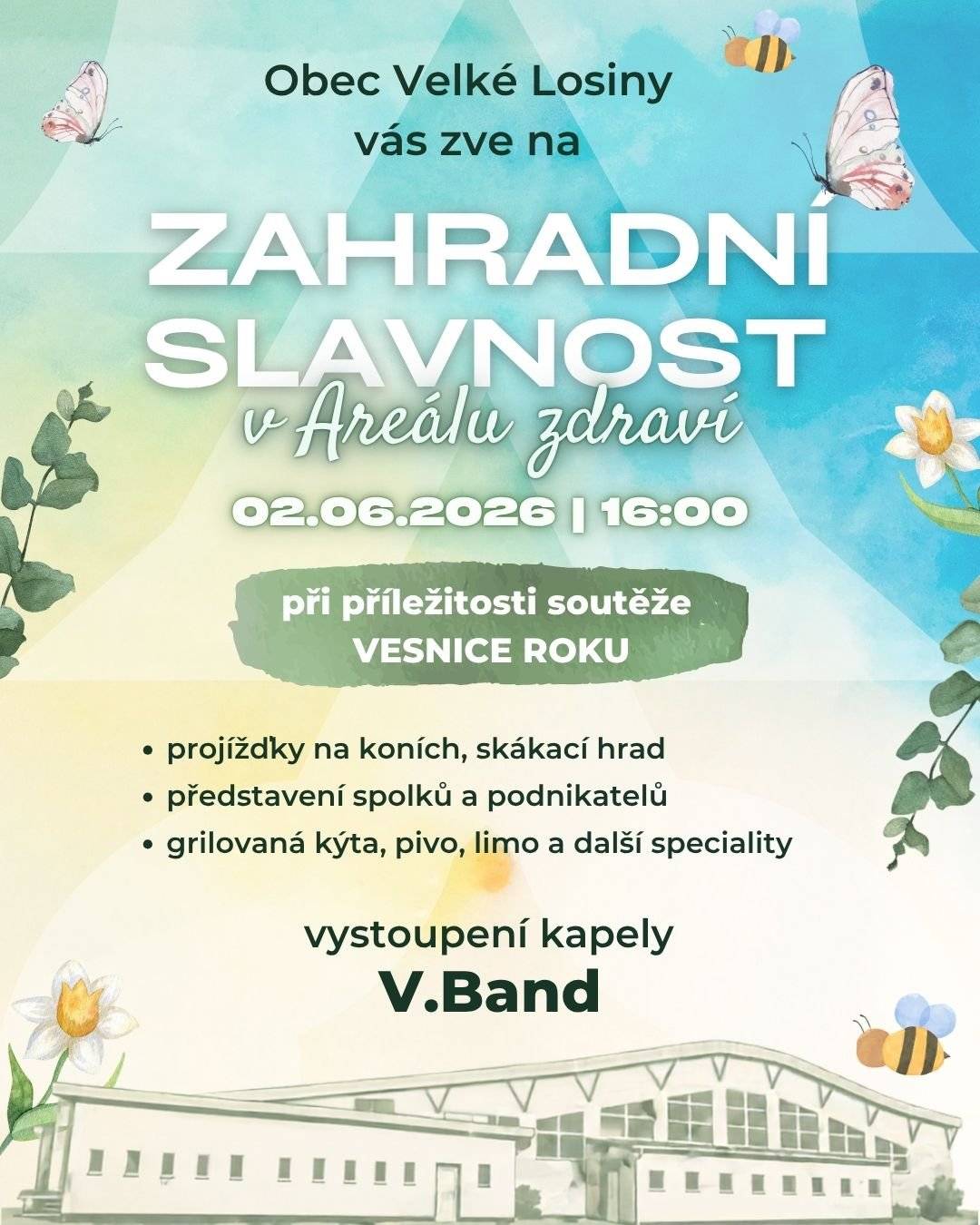 U příležitosti návštěvy hodnotitelské komise soutěže Vesnice roku bude v Areálu zdraví od 16:00 hod. připravena "Čarodějná stezka",na které se představí obec,místní spolky,podnikatelé i naše základní škola.Těšit se můžete na:kapelu V-Band,projížďky na koních,skákací hrad pro děti zdarma u příležitosti Dětského dne,Čarodějnou stezku plnou úkolů a zajímavých zastavení,kýtu a gyros za příznivou cenu 59 Kč,pivo, prosecco a Kofolu za příznivé ceny.Na úvod bude pro návštěvníky připraveno malé občerstvení na účet pořadatelů. Přijďte podpořit Velké Losiny při návštěvě hodnotitelské komise soutěže Vesnice roku, strávit příjemné odpoledne a společně ukázat, že se u nás dobře žije.Těšíme se na Vás!
