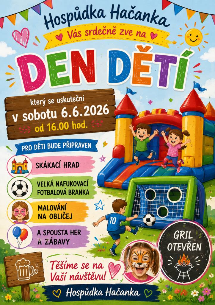 Hospůdka Hačanka Vás srdečně zve na Den dětí, který se uskuteční v sobotu 6.6.2026 od 16.00 hod. Pro děti bude připraven skákací hrad, velká nafukovací fotbalová branka, malování na obličej a spousta her a zábavy. Gril otevřen. Těšíme se na Vaší návštěvu. Hospůdka Hačanka