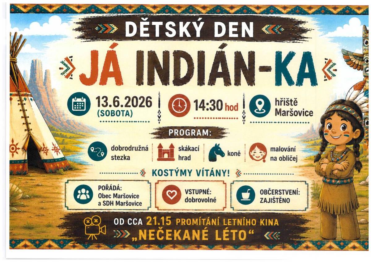 Obec Maršovice ve spolupráci s SDH Maršovice Vás zvou  na DĚTSKÝ  DEN, který  bude zakončen promítáním filmu    "NEČEKANÉ LÉTO".
