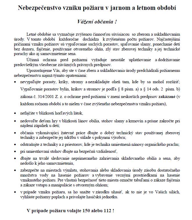 Nebezpečenstvo vzniku požiaru v jarnom a letnom období