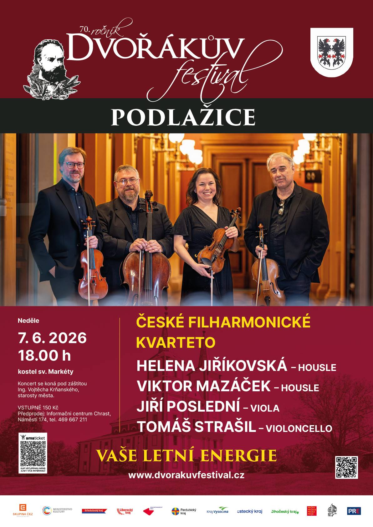 Už tuto neděli České filharmonické kvarteto v podlažickém kostele. Vstupenky v prodeji na místě nebo ještě v předprodeji v MĚSTSKÉM MUZEU. Z důvodu uzavření knihovny (do 16. června) je předprodej přesunut. Další možnost předprodeje je na https://www.smsticket.cz/vstupenky/68132-dvorakuv-festival-ceske-filharmonicke-kvarteto-kostel-sv-markety-chrast