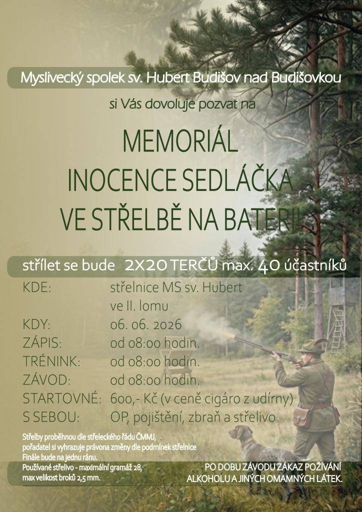 Memoriál I. Sedláčka se koná 6. června 2026 na střelnici MS sv. Hubert v Budišově. Zápis začíná v 8:00 hodin, následovaný tréninkem a závodem. Startovné činí 600 Kč.