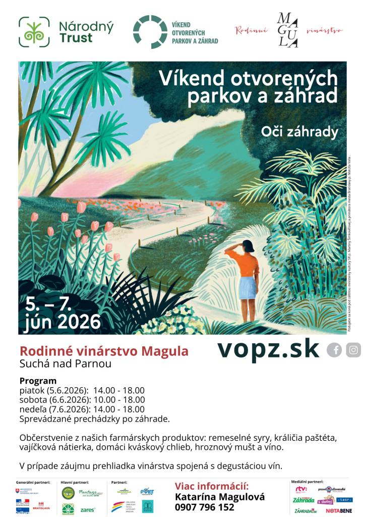 Rodinné Vinárstvo Magula pozýva v rámci podujatia Víkend otvorených parkov a záhrad nazrieť do svojej záhrady a sadu vo Vlčej doline. Podujatie sa uskutoční 5.-7.6.2026. Okrem komentovanej prehliadky vás čakajú lokálne farmárske produkty.