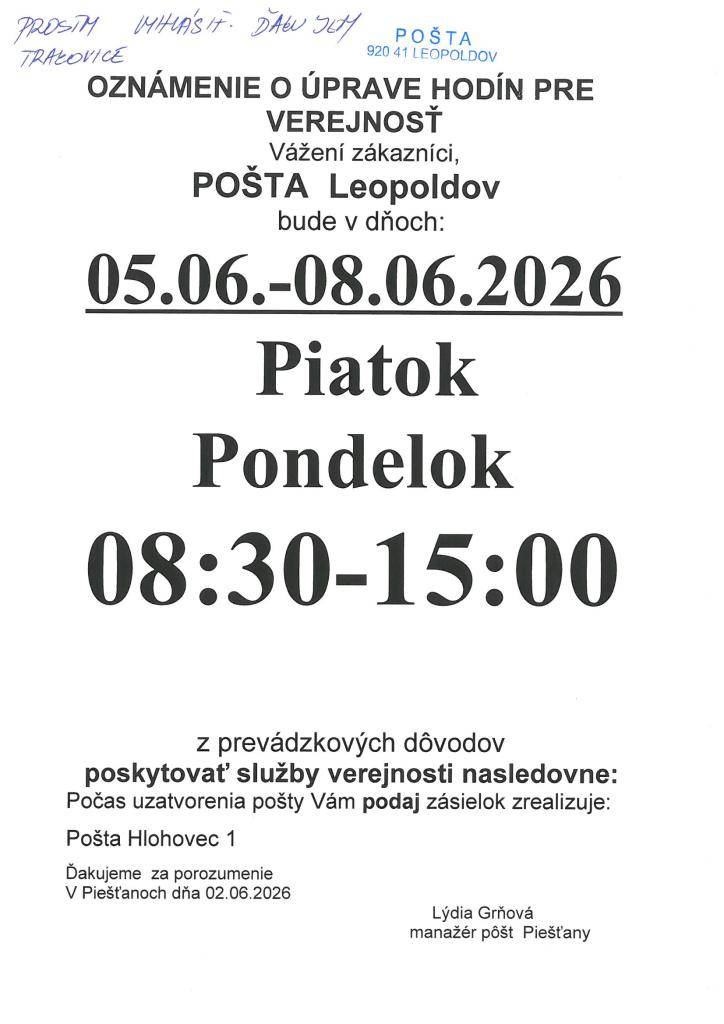 pošta Leopoldov oznamuje úpravu otváracích hodín v dňoch 5.- 8.6.2026