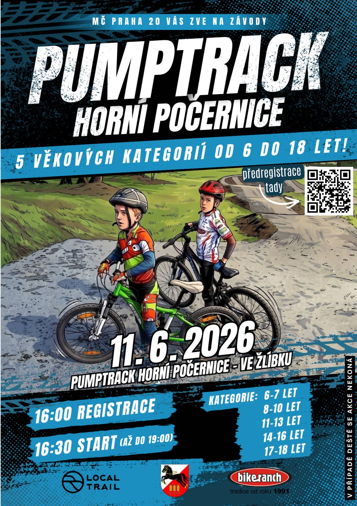 Přijďte porovnat síly nebo zafandit ve čtvrtek 11. 6. 2026 odpoledne. Registrace: předregistrace přes QR kód na plakátu, nebo pak přímo na místě v den závodu. Startovné se neplatí. Vezměte kolo, helmu a dorazte za námi! Těšíme se!