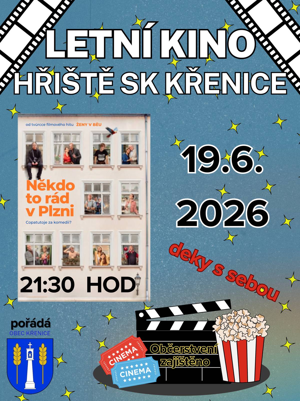 Zveme Vás na letošní první letní kino na hřišti do Křenice dne 19.6.2026 od 21:30 hodin.