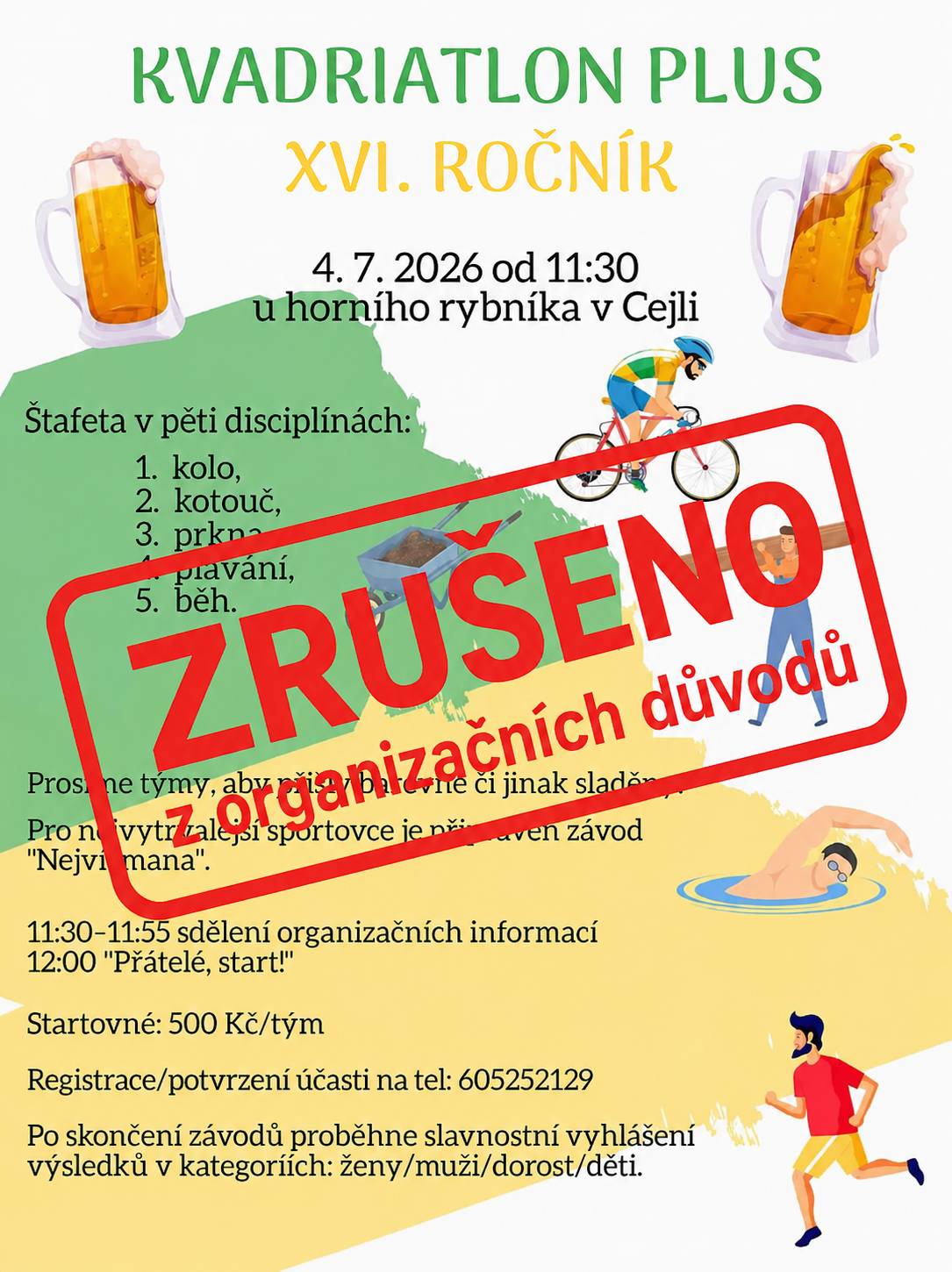 Z organizačních důvodů se letošní Kvadriatlon NEUSKUTEČNÍ a organizátoři se na Vás budou těšit 26. 6. 2027 ve 13 hod u horního rybníku v Cejli.