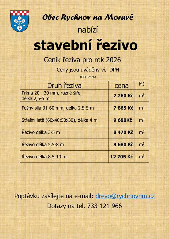Obec Rychnov na Moravě nabízí stavební řezivo. Více informací na letáku: ceník řezivo 2026.pdf