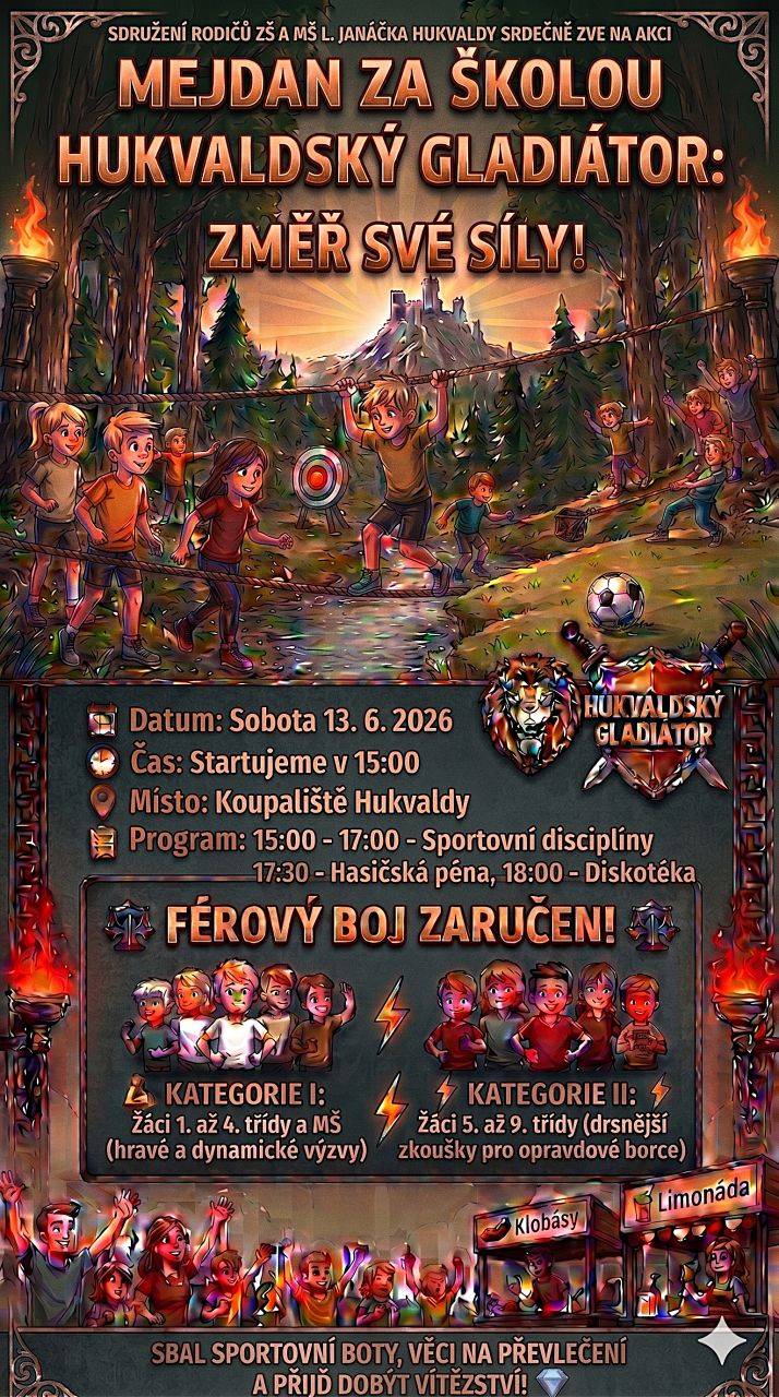 Sdružení rodičů Vás srdečně zve na akci Mejdan za školou, letos s podtitulem HUKVALDSKÝ GLADIÁTOR: ZMĚŘ SVÉ SÍLY! Akce se koná v sobotu 13. 6. 2026 od 15 hodin na Koupališti Hukvaldy. Těšíme se na Vás!