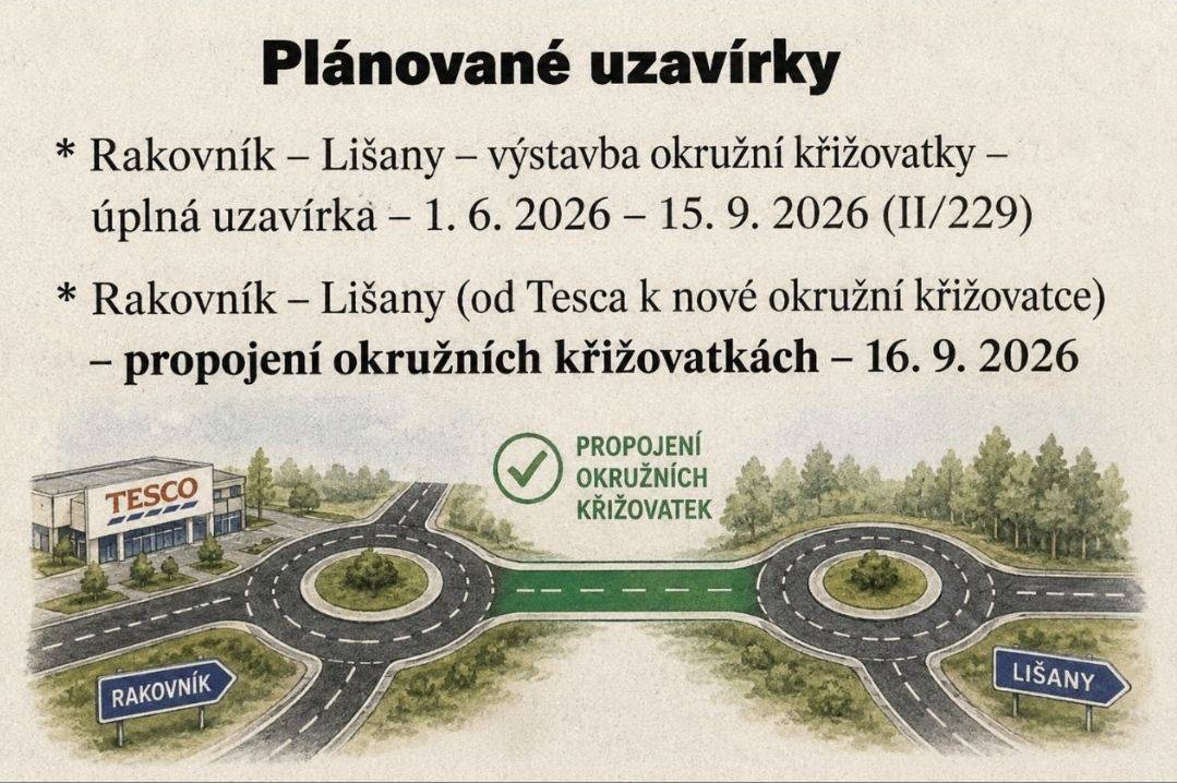 uzavírka silnice Lišany - Rakovník od 1.6.2026 do 15.9.2026