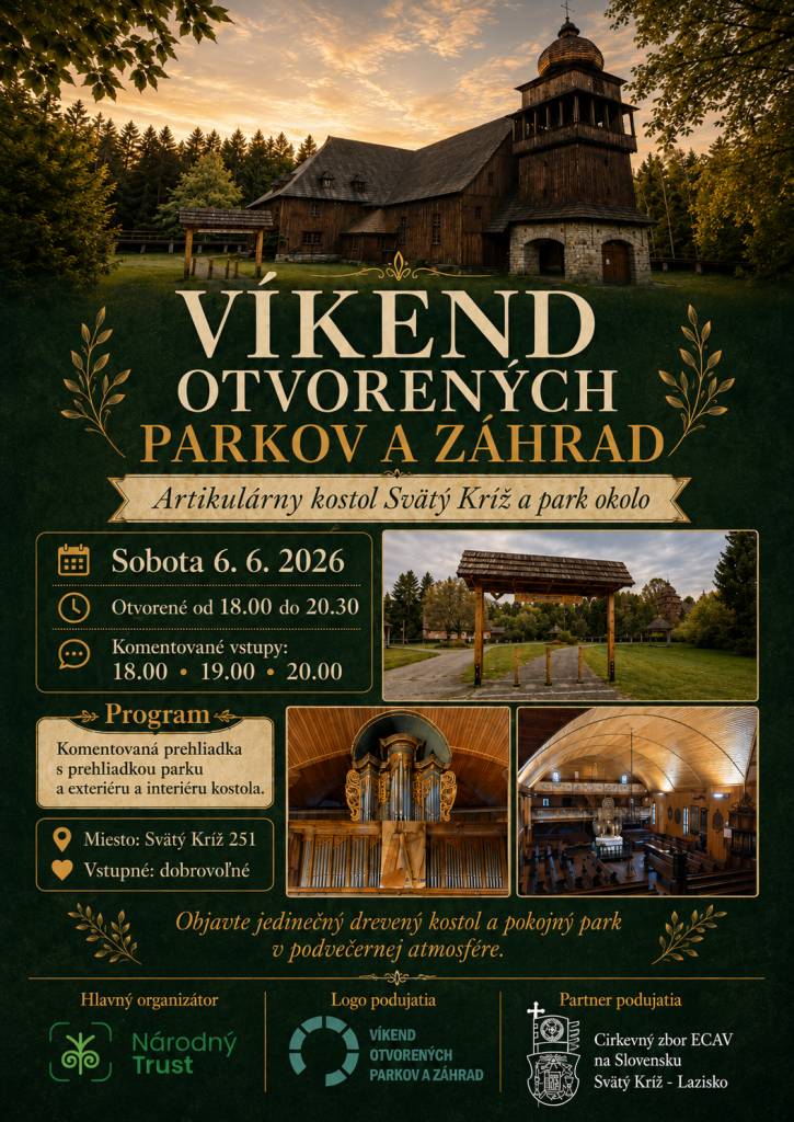 Počas víkendu otvorených parkov a záhrad sa v sobotu 6. júna 2026 od 18:00 do 20:30 hodiny uskutoční komentovaná prehliadka parku a kostola. Vstupné je dobrovoľné a návštevníci môžu objaviť krásy podvečerného prostredia.