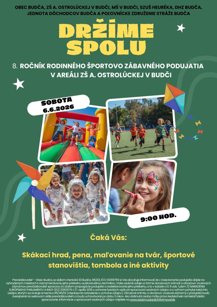 8. ročník rodinného športovo zábavného podujatia v areáli ZŠ Adely Ostrolúckej v Budči v sobotu 6.6.2026 od 9:00 hod.