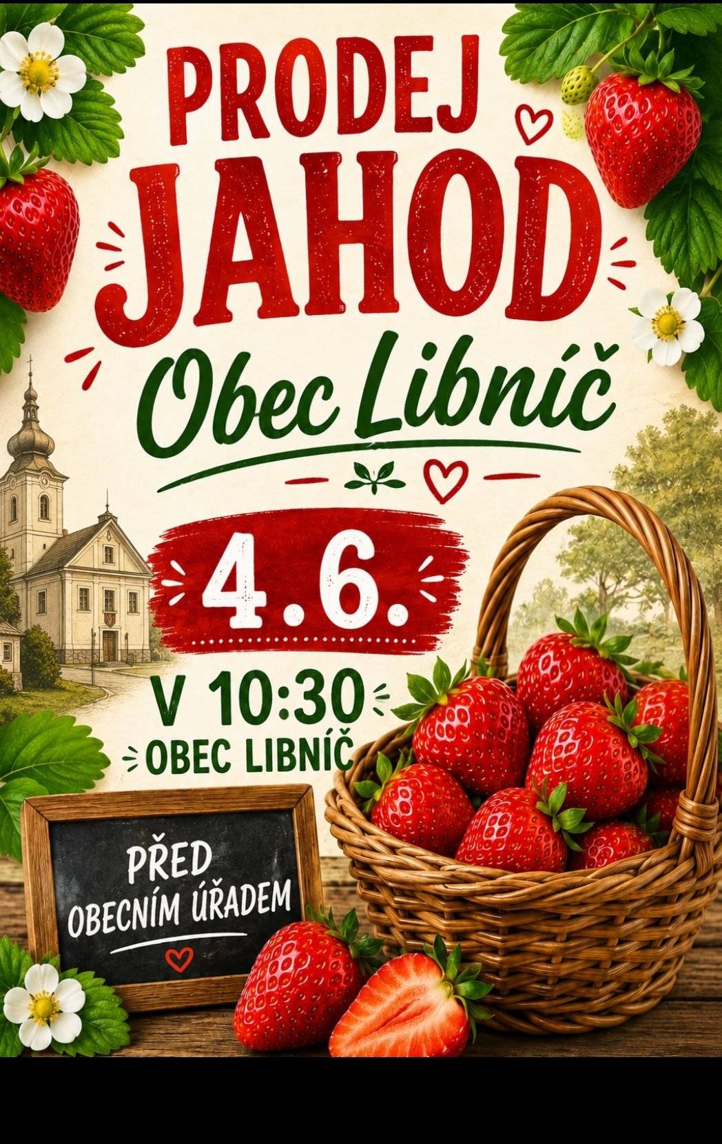 Prodej jahod  🍓135 Kč kg 🍓 🍑Meruňky 120 Kč kg🍑dne 4.6. v 10. 30 u obecního úřadu v Libníči.