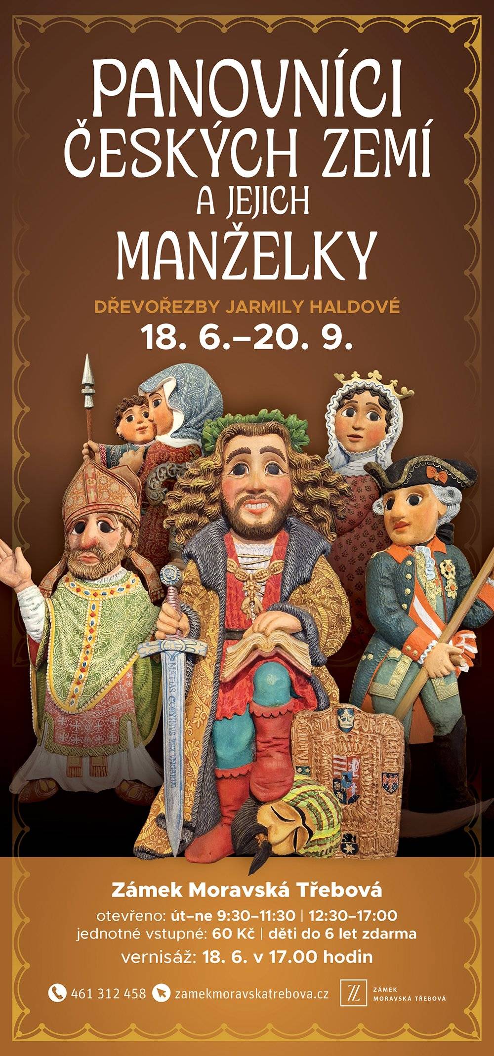 Kdy: 18. 6. 2026 - 20. 9. 2026 Dřevořezby Jarmily Haldové Vernisáž za účasti autorky 18. 6. od 17.00 hodin Výstava Panovníci českých zemí a jejich manželky ve výstavních prostorách zámku nabízí nevšední setkání s osobnostmi, které formovaly osudy našich zemí, a bude bavit nejen dospělé, ale také děti. Uvidíte zde jedinečný řezbářský soubor více než 130 kolorovaných reliéfních obrazů z lipového dřeva řezbářky Jarmily Haldové, který zachycuje české vládce od knížete Bořivoje I. až po habsburskou monarchii. Autorka na díle pracuje přes 15 let a každý reliéf vznikl na základě důkladného studia historických pramenů, vyniká propracovanými detaily dobových oděvů, účesů i charakteristických znaků jednotlivých panovníků. Přijďte obdivovat unikátní spojení uměleckého mistrovství, historické přesnosti, laskavé hravosti a lásky k českým dějinám. jednotné vstupné 60 Kč / děti do 6 let zdarma
