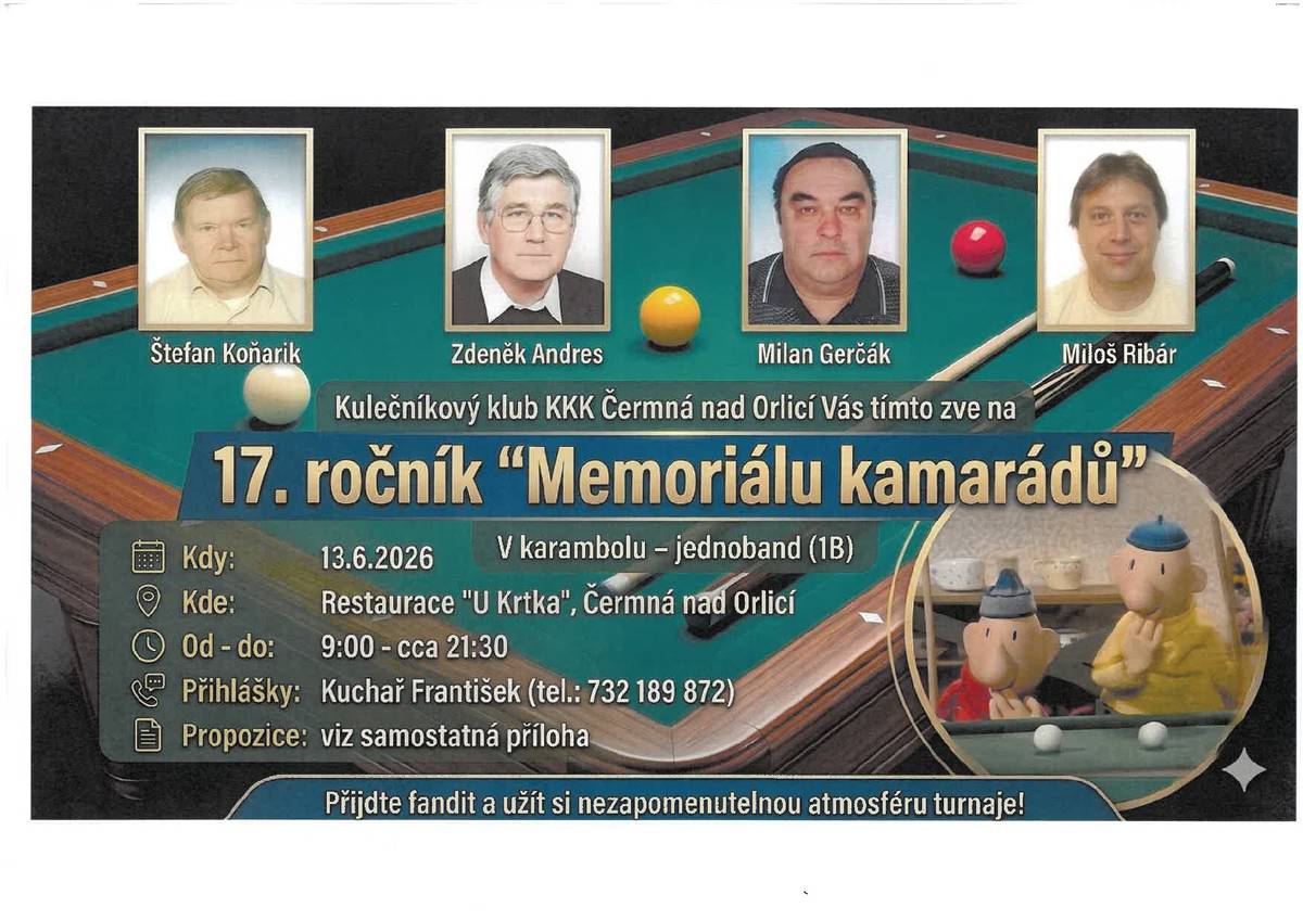 Kulečníkový karambolový klub Čermná nad Orlicí Vás srdečně zve na 17. ročník "Memoriálu kamarádů" v karambolu - jednoband dne 13. 6. 2026 od 9.00 hodin.