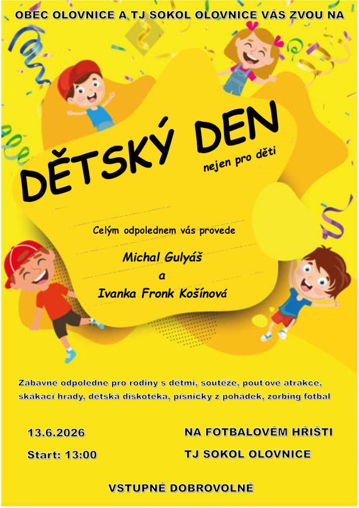Obec Olovnice zve na dětský den, který se koná dne 13.6.2026