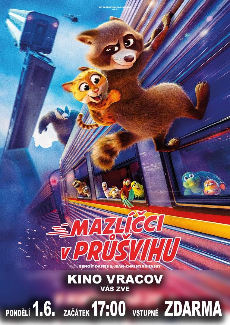 Městský kulturní klub Vracov Vás zve do kina. Dnes v pondělí 1. 6. 2026 promítáme animovanou rodinnou komedii Mazlíčci v průšvihu. Začátek promítání je v 17:00 hodin. Občerstvení zajištěno. Vstupné zdarma ke Dni dětí. Přidej se k dobrodružství, které sviští na plné obrátky! Je čas ukázat drápky! Když se ve vlaku rozezní nouzový poplach, všichni cestující jsou evakuování. Tedy, vlastně ne tak docela všichni… Na palubě nedobrovolně zůstává parta velmi zvláštních pasažérů – chlupatí i opeření mazlíčci! A co je horší, rychlík se nečekaně dává do pohybu a stále nabírá rychlost. Brzy se ukáže, že za únosem vlaku stojí zatrpklý a mstivý jezevec Hans, který má ďábelský plán. Hrozí katastrofa, ale naděje ještě žije! Do záchranné akce se totiž pouští Sokol, odvážný a drzý mýval, který svůj kožich nehodlá ztratit bez boje. A rozhodně na to nebude sám. Odhodlanou partu tvoří i policejní pes Rex, hyperaktivní čivava Randy, kočička Minda, která je celoživotním milovníkem železniční techniky, aristokratický chrt Viktor, mrzutý kocour Kroketa či papoušci Coco a Judy. Mazaný a vynalézavý Sokol je připraven udělat pro záchranu svých přátel cokoliv!