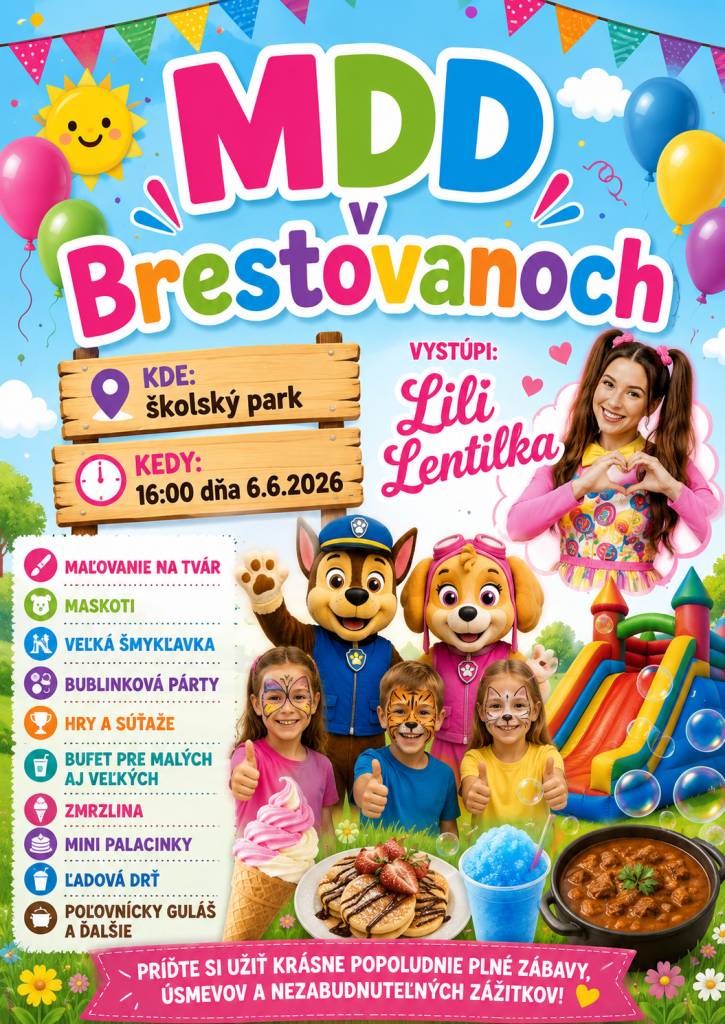 Srdečne vás pozývame na oslavu Medzinárodného dňa detí v Brestovanoch, ktorá sa uskutoční 6. júna 2026 o 16:00 v školskom parku.  Čaká vás popoludnie plné smiechu, zábavy a nezabudnuteľných zážitkov.