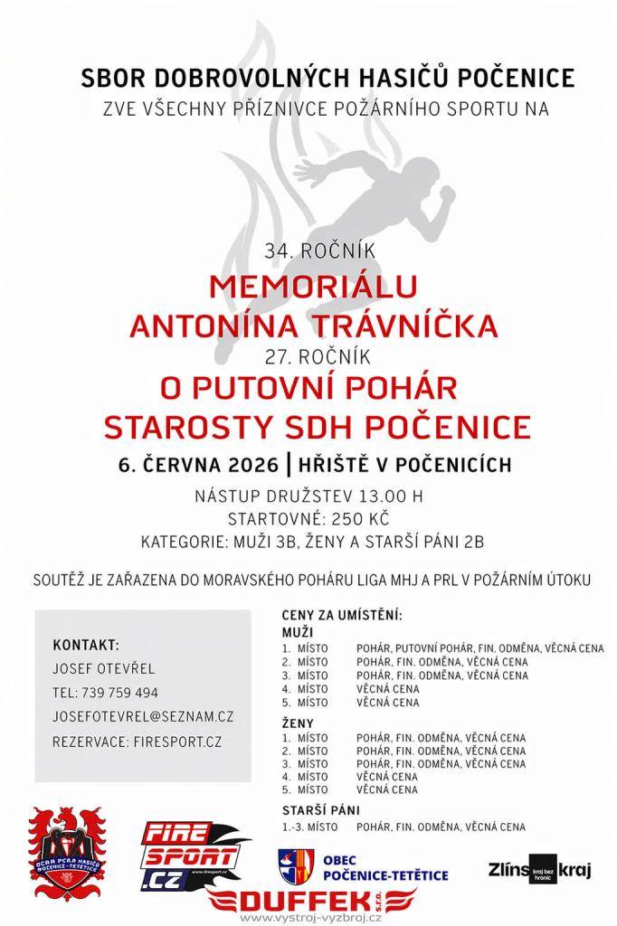 SDH Počenice zvou na 34. ročník Memoriálu Antonína Trávníčka a 27. ročník Soutěže o putovní pohár starosty SDH Počenice. Akce se koná v sobotu 6. června 2026 ve 13 hodin na hřišti v Počenicích.