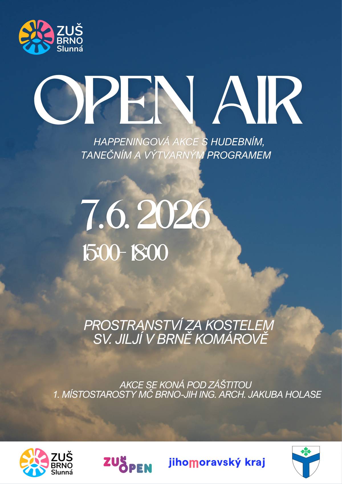 📢Všechny Vás srdečně zveme na příjemnou kulturní událost. Naše ZUŠ Slunná pořádá OPEN AIR, happeningovou akci s hudebním, tanečním a výtvarným programem💃🎻🎨. Potkáme se 7.6.2026 v 15h v Komárově za kostelem!