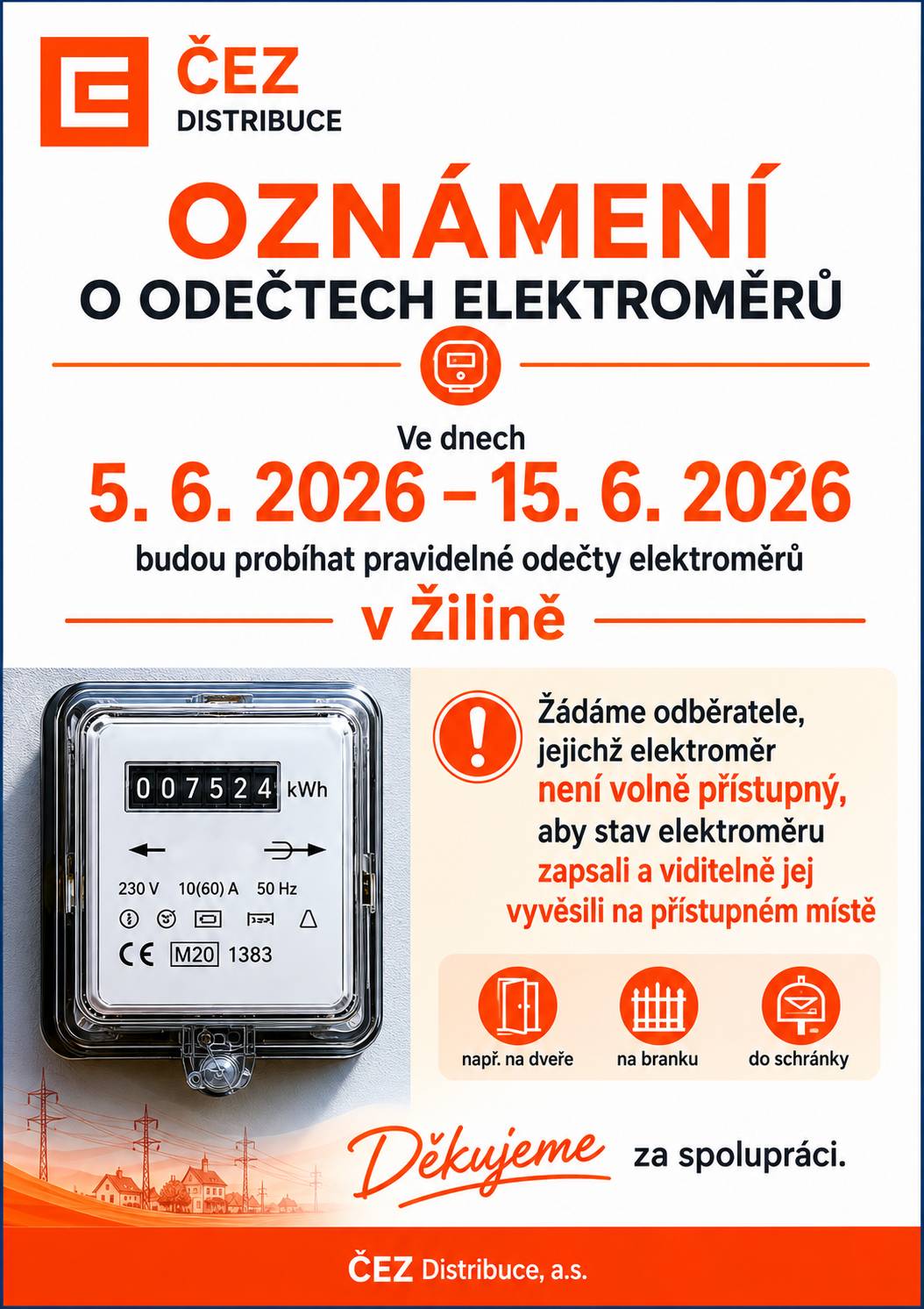 ČEZ Distribuce oznamuje odečty elektroměrů v Žilině ve dnech 5. 6.-15. 6. 2026