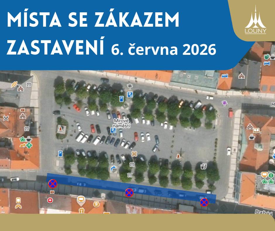 V sobotu 6. června 2026 proběhnou Farmářské trhy a přehlídka vozů MINI na Mírovém náměstí. V souvislosti s akcemi dojde k vyparkování jižní části Mírového náměstí v době od 6:00 do 13:00hod., a to v úseku od čp. 129 (křižovatka s ulicí Beneše z Loun) po čp. 123 (prodejna Baťa). Důvodem je přistavení prodejních vozidel v rámci Farmářských trhů na komunikaci u jižní aleje Mírového náměstí a zajištění bezpečnosti provozu na pozemních komunikacích. Mírové náměstí bude zároveň cílovým místem spanilé jízdy vozů MINI. Od 11:30 hodin zde proběhne také přehlídka těchto vozidel. Žádáme řidiče o respektování dočasného zákazu zastavení a děkujeme za pochopení.