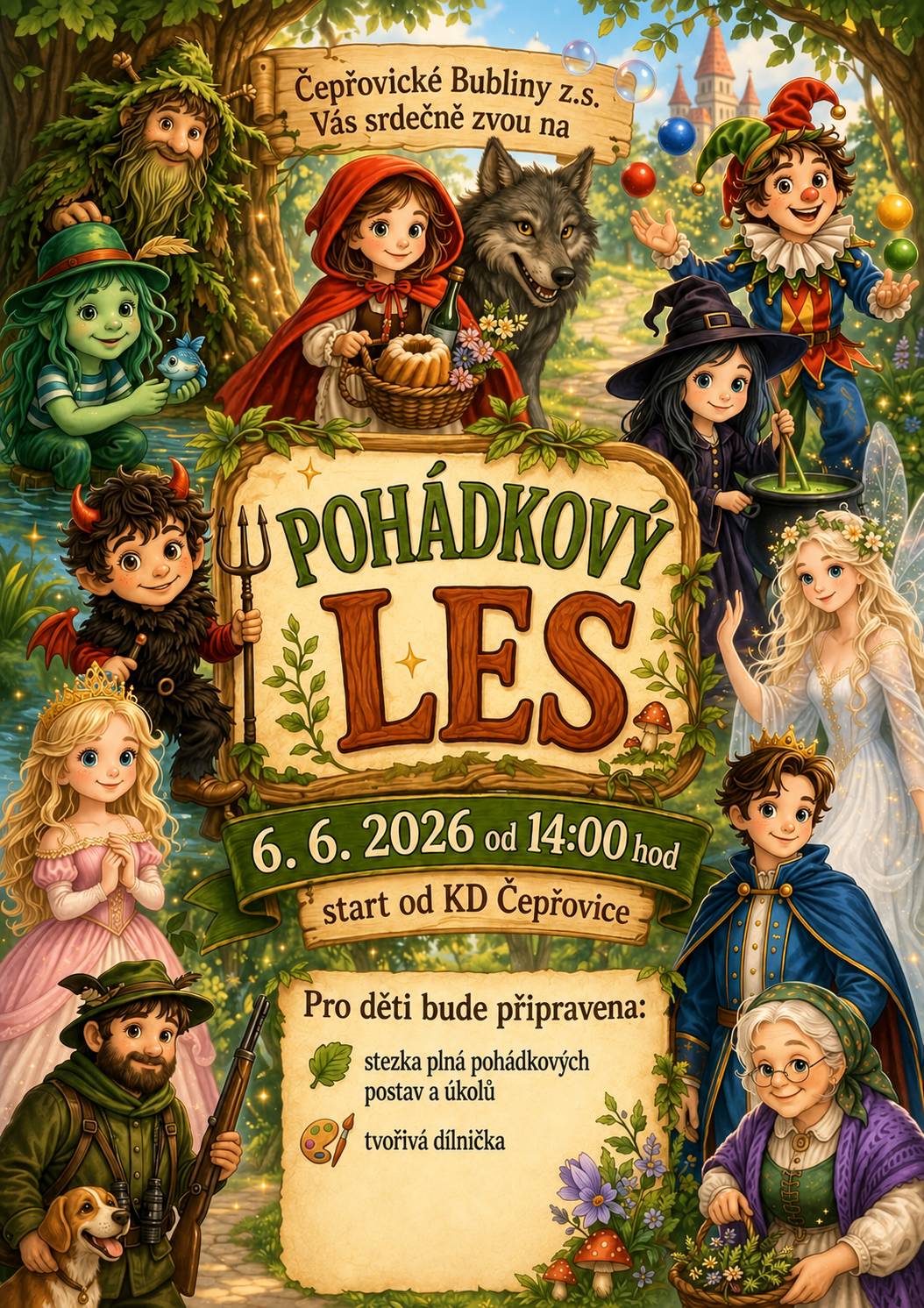 Čepřovické Bubliny srdečně zvou, všechny děti a jejich rodiče na Pohádkový les, který se uskuteční v sobotu 6. 6. 2025 od 14:00 hod. Start bude od KD Čepřovice. Pro děti bude připravena: - stezka plná pohádkových postav a úkolů - tvořivá dílnička Na všechny se těšíme. Vaše Bubliny