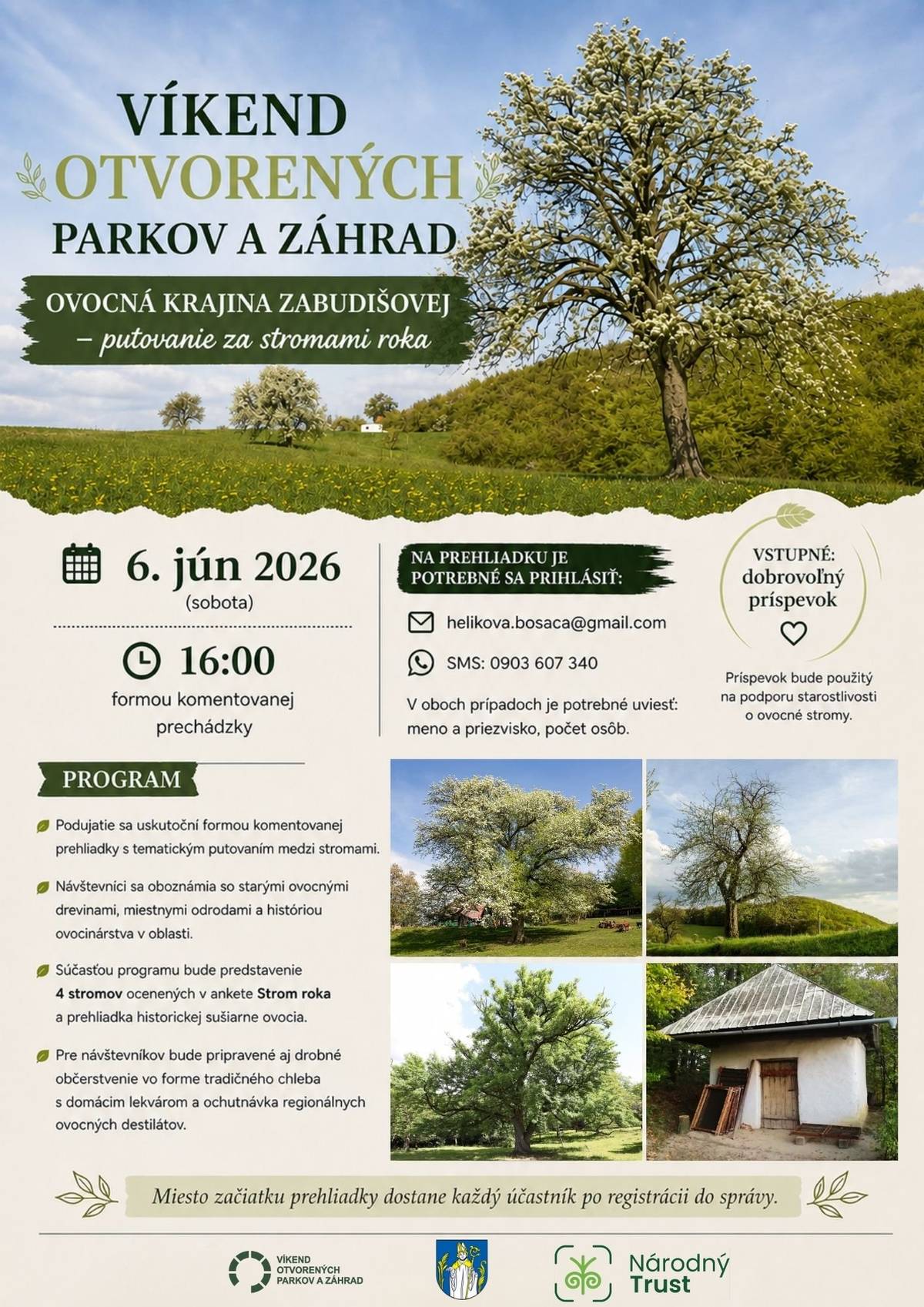 Miestni dobrovoľníci a milovníci prírody v spolupráci s Centrom sociálnych služieb Zemianske Podhradie a s podporou obcí Bošáca a Zemianske Podhradie Vás pozývajú v rámci Víkendu otvorených parkov a záhrad na nasledovné podujatia: